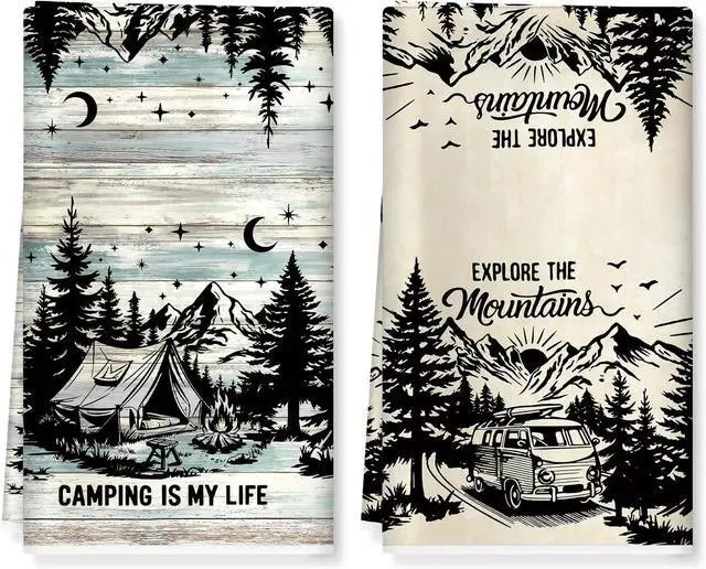 Main image of Camping Kitchen Towels, Thick Cotton Blend, Vintage, Set of 2 | 16.5 x 27.5 in / 42 x 70 cm, Absorbent Dish Cloth and Hand Towel with Camping Print for Kitchen Decor, Housewarming Gift
