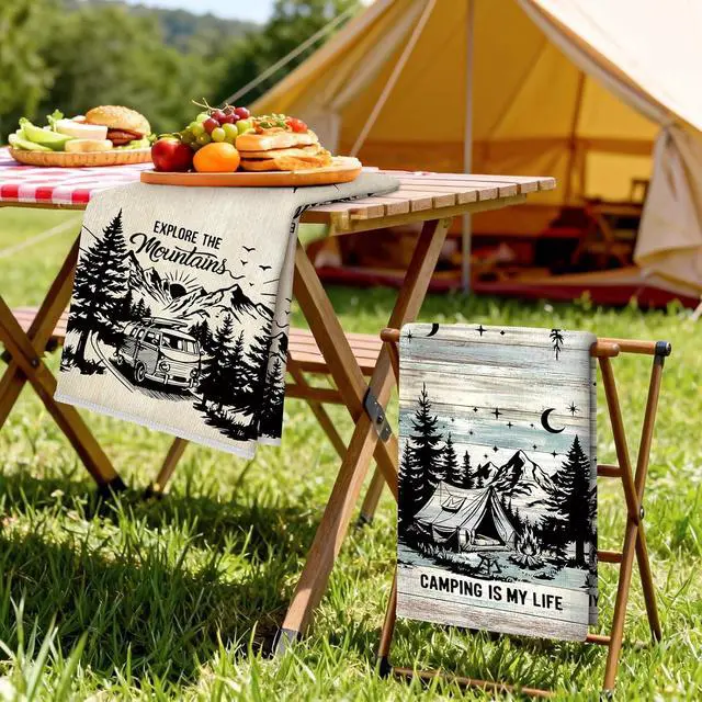 Alt view image 2 of 7 - Camping Kitchen Towels, Thick Cotton Blend, Vintage, Set of 2 | 16.5 x 27.5 in / 42 x 70 cm, Absorbent Dish Cloth and Hand Towel with Camping Print for Kitchen Decor, Housewarming Gift