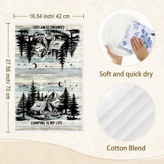 Alt view image 3 of 7 - Camping Kitchen Towels, Thick Cotton Blend, Vintage, Set of 2 | 16.5 x 27.5 in / 42 x 70 cm, Absorbent Dish Cloth and Hand Towel with Camping Print for Kitchen Decor, Housewarming Gift
