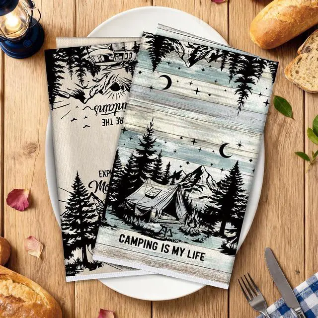 Alt view image 4 of 7 - Camping Kitchen Towels, Thick Cotton Blend, Vintage, Set of 2 | 16.5 x 27.5 in / 42 x 70 cm, Absorbent Dish Cloth and Hand Towel with Camping Print for Kitchen Decor, Housewarming Gift