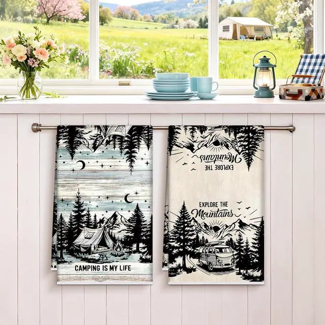 Alt view image 5 of 7 - Camping Kitchen Towels, Thick Cotton Blend, Vintage, Set of 2 | 16.5 x 27.5 in / 42 x 70 cm, Absorbent Dish Cloth and Hand Towel with Camping Print for Kitchen Decor, Housewarming Gift