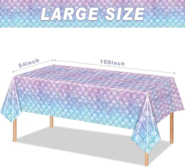 Alt view image 2 of 7 - 3PCS Mermaid Tablecloth for Girls 1st 2nd Birthday Party Under the Sea Princess Themed Table Cover for Baby Shower First Decorations Rectangle Table Cover-54x108in