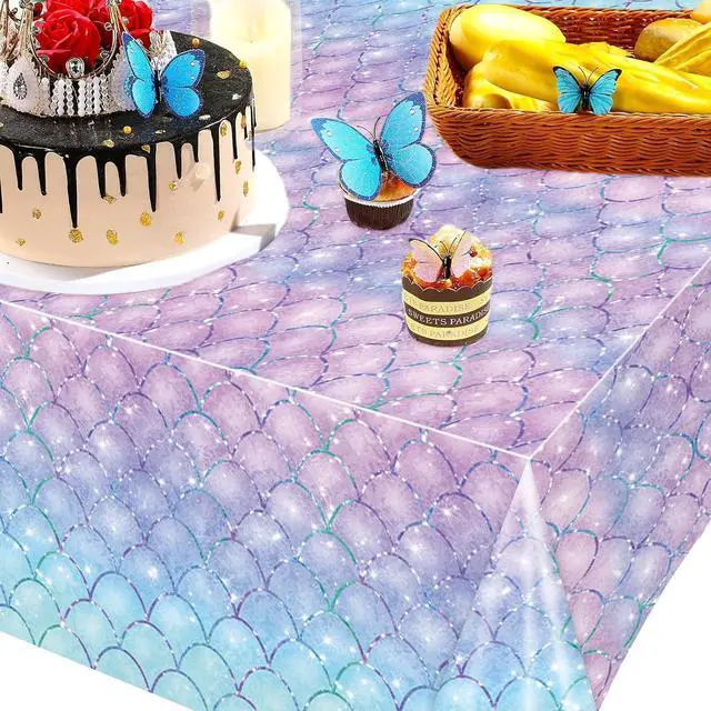 Alt view image 5 of 7 - 3PCS Mermaid Tablecloth for Girls 1st 2nd Birthday Party Under the Sea Princess Themed Table Cover for Baby Shower First Decorations Rectangle Table Cover-54x108in