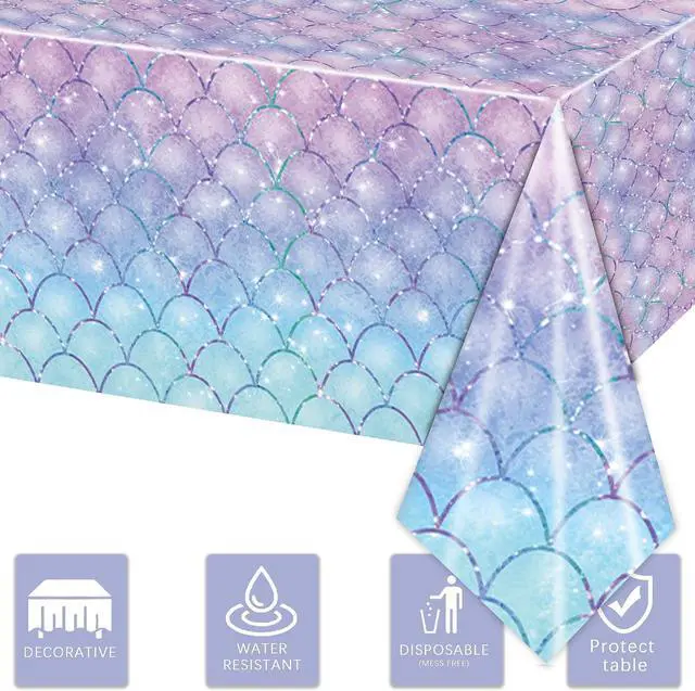 Alt view image 3 of 7 - 3PCS Mermaid Tablecloth for Girls 1st 2nd Birthday Party Under the Sea Princess Themed Table Cover for Baby Shower First Decorations Rectangle Table Cover-54x108in
