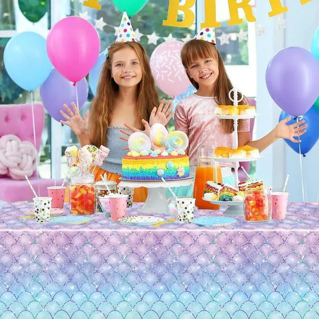 Alt view image 6 of 7 - 3PCS Mermaid Tablecloth for Girls 1st 2nd Birthday Party Under the Sea Princess Themed Table Cover for Baby Shower First Decorations Rectangle Table Cover-54x108in