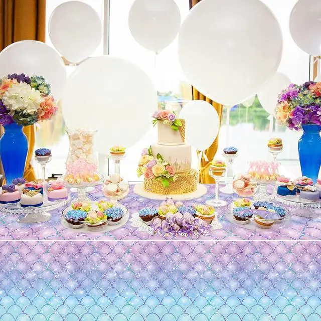 Alt view image 7 of 7 - 3PCS Mermaid Tablecloth for Girls 1st 2nd Birthday Party Under the Sea Princess Themed Table Cover for Baby Shower First Decorations Rectangle Table Cover-54x108in