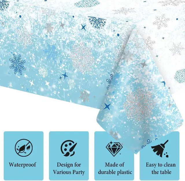 Alt view image 3 of 7 - 2 PCS Blue White Plastic Snowflake Tablecloth(54x108 Inch) Frozen Birthday Winter Wonderland Decorations Disposable Table Cover Tablecloths for Christmas Holiday New Year Party Favors Supplies Decor
