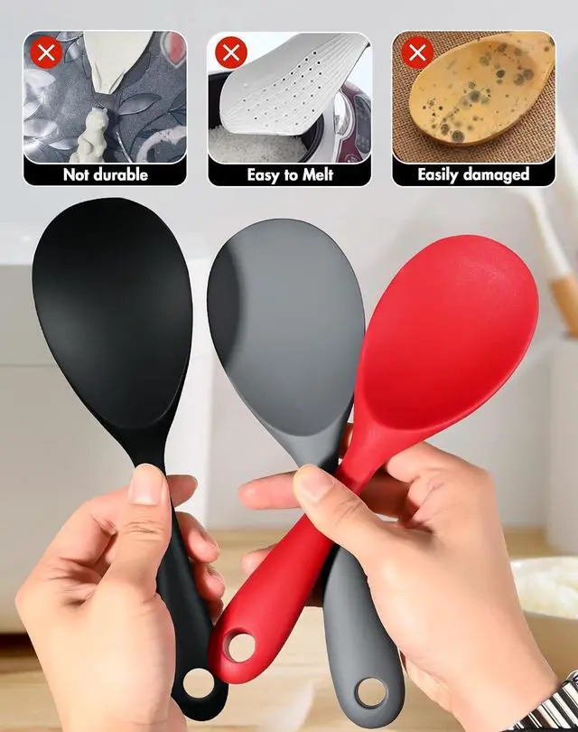 Alt view image 3 of 6 - FireKylin 2 Pcs Black Silicone Rice Paddle,Non Stick Rice Spoon Scooper | Heat Resistant Rice Scooper Spatula, Ergonomic handle Rice Cooker Spoon for Rice, Mashed Potatoes, Salads and Easy to Clean