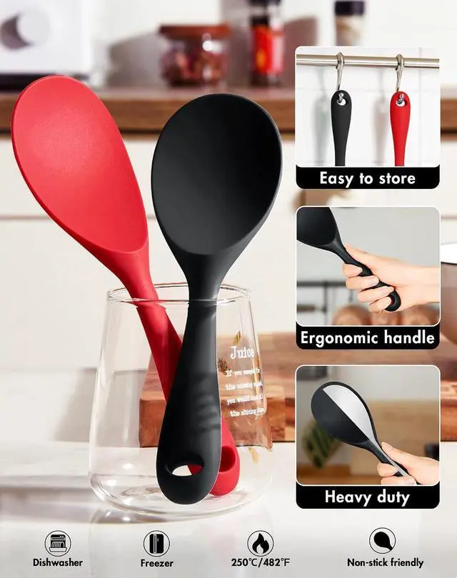 Alt view image 2 of 6 - FireKylin 2 Pcs Black Silicone Rice Paddle,Non Stick Rice Spoon Scooper | Heat Resistant Rice Scooper Spatula, Ergonomic handle Rice Cooker Spoon for Rice, Mashed Potatoes, Salads and Easy to Clean