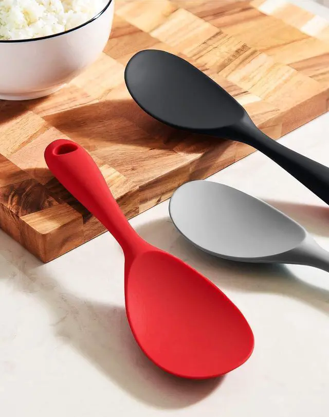 Alt view image 5 of 6 - FireKylin 2 Pcs Black Silicone Rice Paddle,Non Stick Rice Spoon Scooper | Heat Resistant Rice Scooper Spatula, Ergonomic handle Rice Cooker Spoon for Rice, Mashed Potatoes, Salads and Easy to Clean
