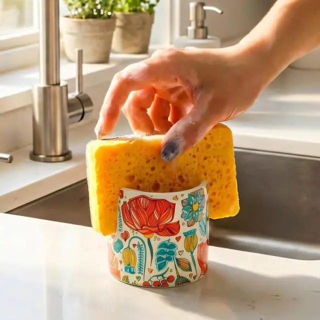 Alt view image 3 of 6 - Kitchen Sink Sponge Holder, Dish Sponge Rack Cute Ceramic Brush Holder Farmhouse Kitchen Decor, Floral Dish Rack for Brush, Scrubbers, Bathroom, Sink (Red-Flower)