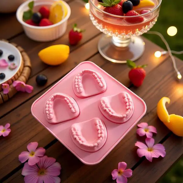 Alt view image 3 of 7 - Pink 4 Hole Denture Teeth Shaped Ice Cube Mold Silicone Ice Tray DIY Ice Cream Funny Gag Gift For Dentist Seniors Ice Tray Molds, Ice Cube Molds and Trays