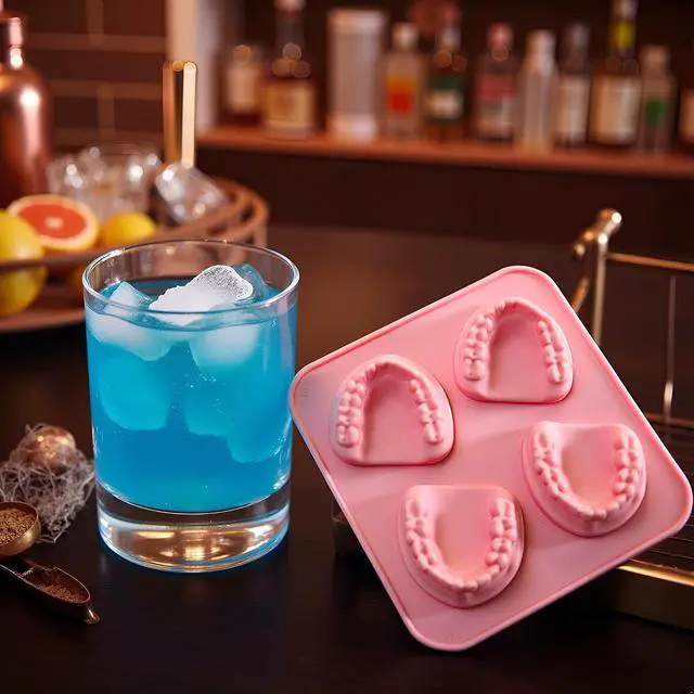 Alt view image 5 of 7 - Pink 4 Hole Denture Teeth Shaped Ice Cube Mold Silicone Ice Tray DIY Ice Cream Funny Gag Gift For Dentist Seniors Ice Tray Molds, Ice Cube Molds and Trays