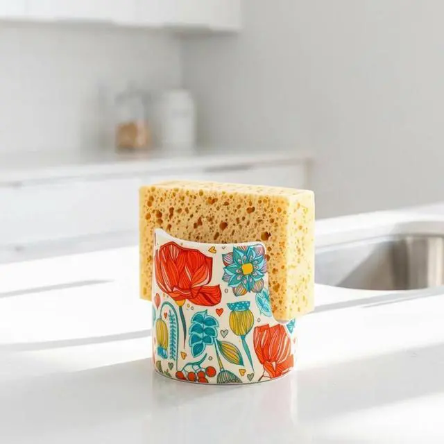 Alt view image 4 of 6 - Kitchen Sink Sponge Holder, Dish Sponge Rack Cute Ceramic Brush Holder Farmhouse Kitchen Decor, Floral Dish Rack for Brush, Scrubbers, Bathroom, Sink (Red-Flower)