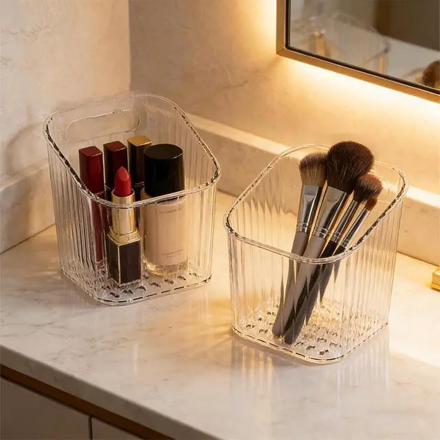 Alt view image 4 of 5 - 4 Pack Clear Stackable Organizer Bins, Storage Bin, Pantry & Desk Organizer | Space-Saving Stackable Wall Storage Multi-Purpose Storage For Kitchen Bathroom Office & More Small Items