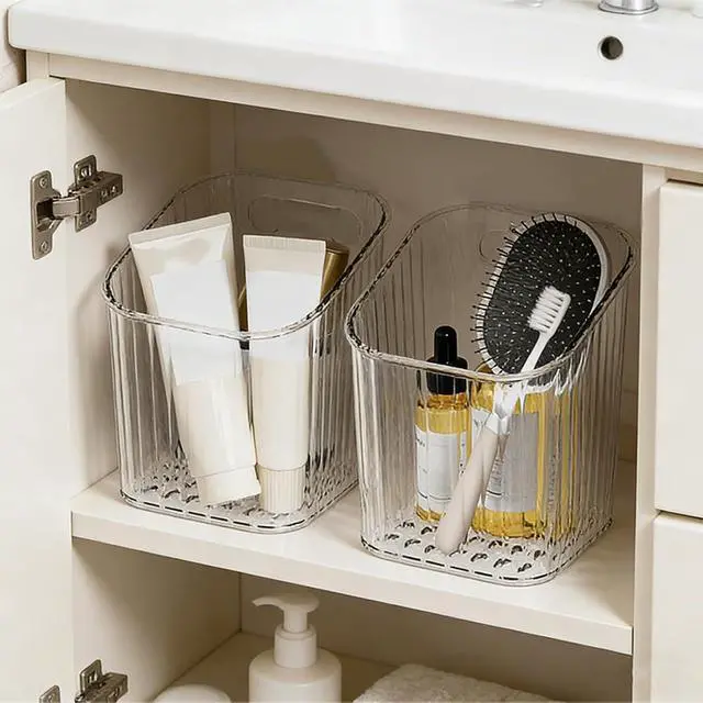 Alt view image 5 of 5 - 4 Pack Clear Stackable Organizer Bins, Storage Bin, Pantry & Desk Organizer | Space-Saving Stackable Wall Storage Multi-Purpose Storage For Kitchen Bathroom Office & More Small Items