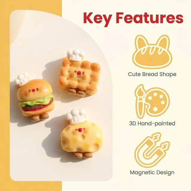 Alt view image 3 of 7 - 8 Pack Cute Bread Refrigerator Magnets, Kawaii Food Fridge Magnets for Photos, Notes, Lockers, Whiteboards, Kitchen, Office and Dorm Decor