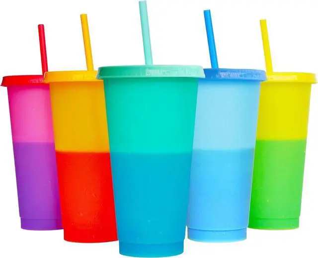 Main image of Color Changing Cups, 5 Pack 24oz Plastic Tumblers, Reusable Iced Coffee & Smoothie Cups with Lids and Straws for Parties and Travel (5 Change, 5 Packs)