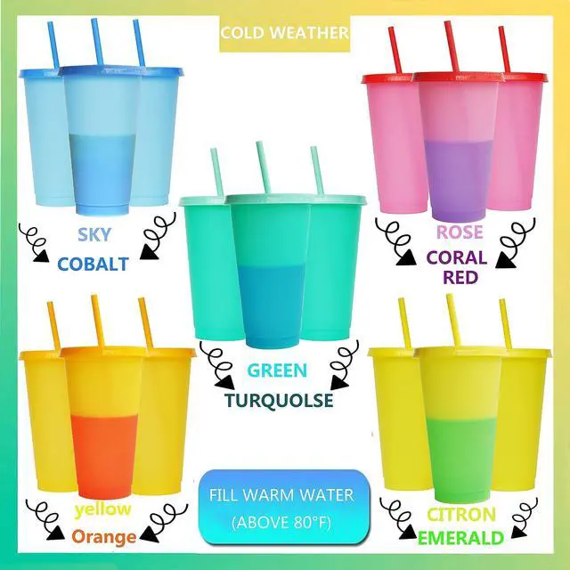 Alt view image 2 of 7 - Color Changing Cups, 5 Pack 24oz Plastic Tumblers, Reusable Iced Coffee & Smoothie Cups with Lids and Straws for Parties and Travel (5 Change, 5 Packs)