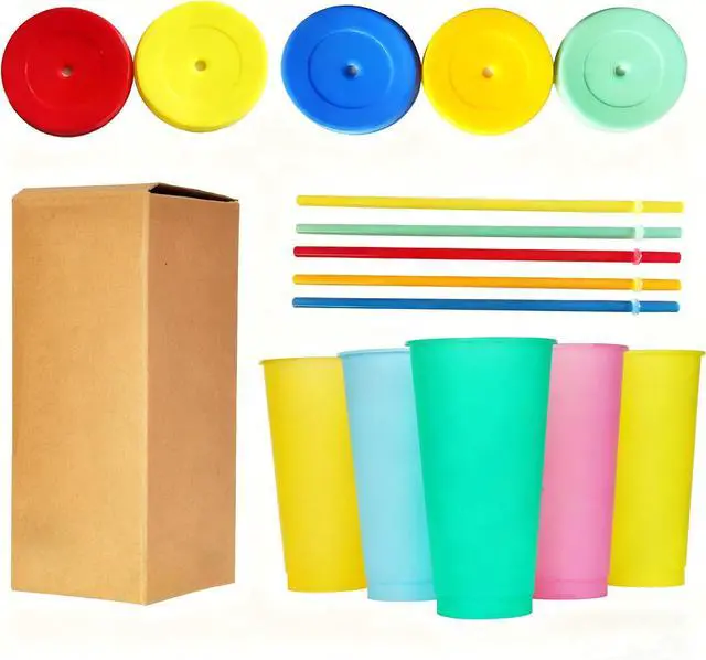 Alt view image 6 of 7 - Color Changing Cups, 5 Pack 24oz Plastic Tumblers, Reusable Iced Coffee & Smoothie Cups with Lids and Straws for Parties and Travel (5 Change, 5 Packs)