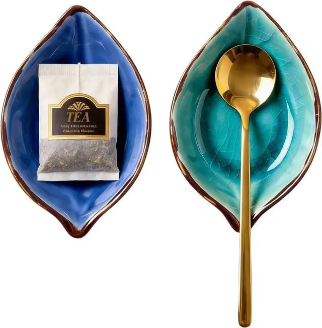 Main image of 2-Pack Leaf Ice-Cracked Ceramic Coffee Spoon Rest & Tea Bag Holder with 2 Gold Spoons - Small Teabag Saucer for Coffee Bar Accessories - Cute Dipping Sauce Dish & Stirring Spoon Holder Set