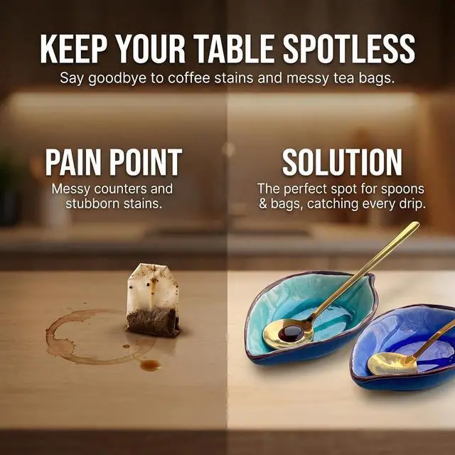 Alt view image 2 of 7 - 2-Pack Leaf Ice-Cracked Ceramic Coffee Spoon Rest & Tea Bag Holder with 2 Gold Spoons - Small Teabag Saucer for Coffee Bar Accessories - Cute Dipping Sauce Dish & Stirring Spoon Holder Set
