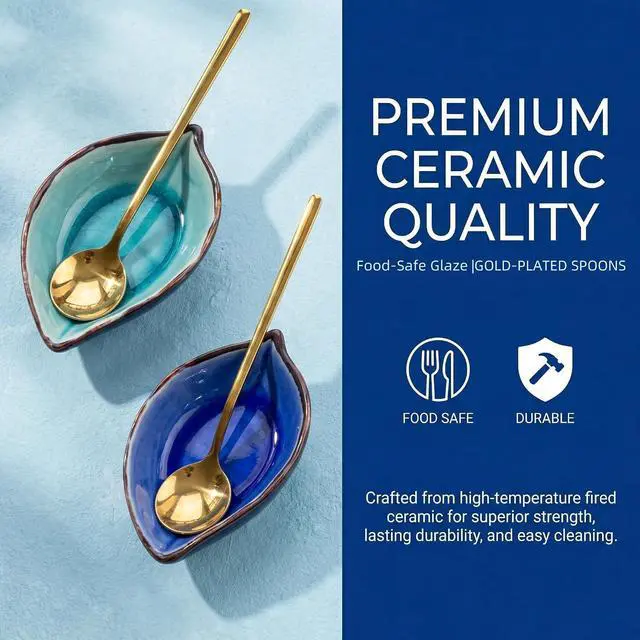 Alt view image 3 of 7 - 2-Pack Leaf Ice-Cracked Ceramic Coffee Spoon Rest & Tea Bag Holder with 2 Gold Spoons - Small Teabag Saucer for Coffee Bar Accessories - Cute Dipping Sauce Dish & Stirring Spoon Holder Set