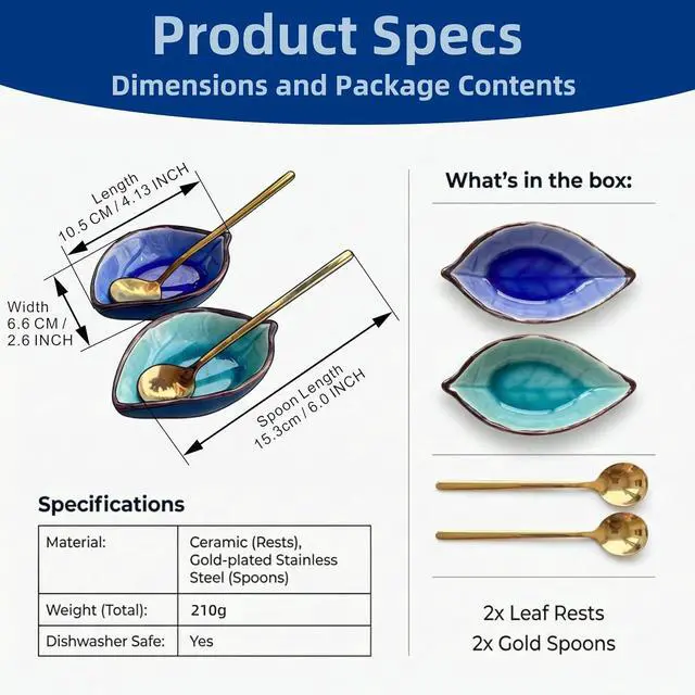Alt view image 4 of 7 - 2-Pack Leaf Ice-Cracked Ceramic Coffee Spoon Rest & Tea Bag Holder with 2 Gold Spoons - Small Teabag Saucer for Coffee Bar Accessories - Cute Dipping Sauce Dish & Stirring Spoon Holder Set