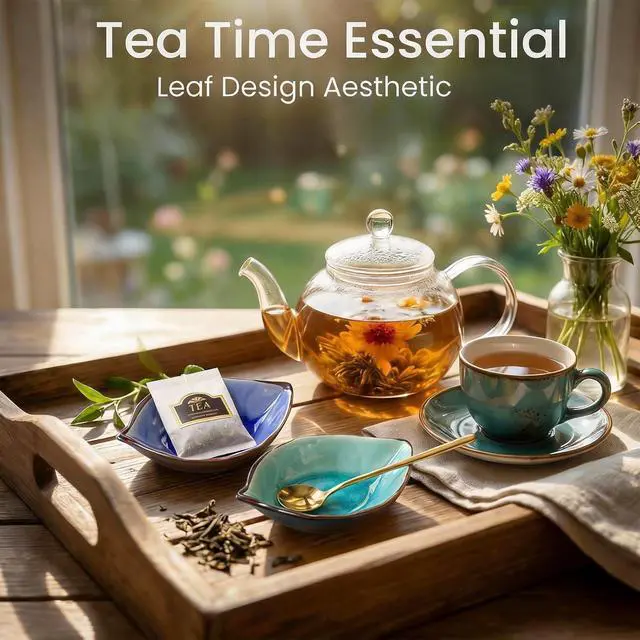 Alt view image 5 of 7 - 2-Pack Leaf Ice-Cracked Ceramic Coffee Spoon Rest & Tea Bag Holder with 2 Gold Spoons - Small Teabag Saucer for Coffee Bar Accessories - Cute Dipping Sauce Dish & Stirring Spoon Holder Set