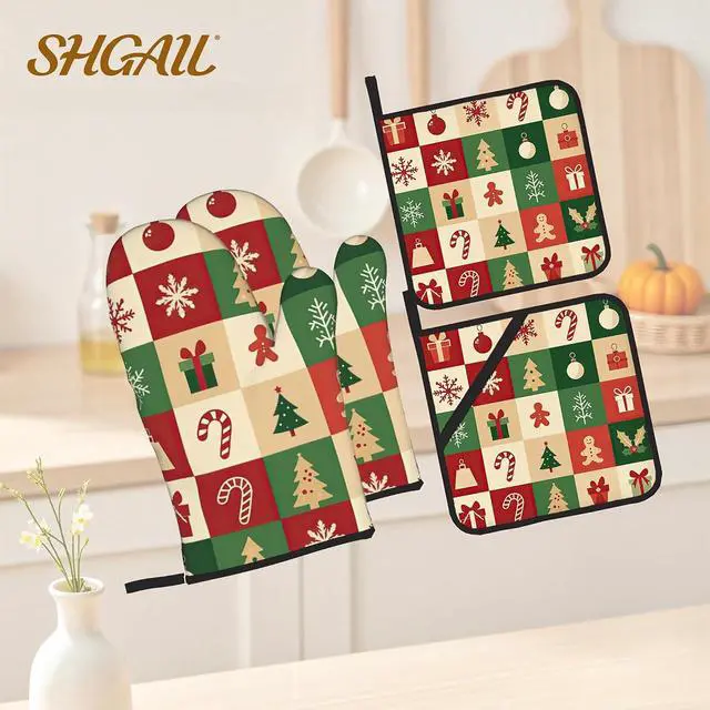 Alt view image 2 of 7 - Christmas Snowflakes Tree Oven Mitts with Matching Potholders - Heat Resistant Kitchen Accessories for Baking, Grilling, Cooking, Gifts for Women