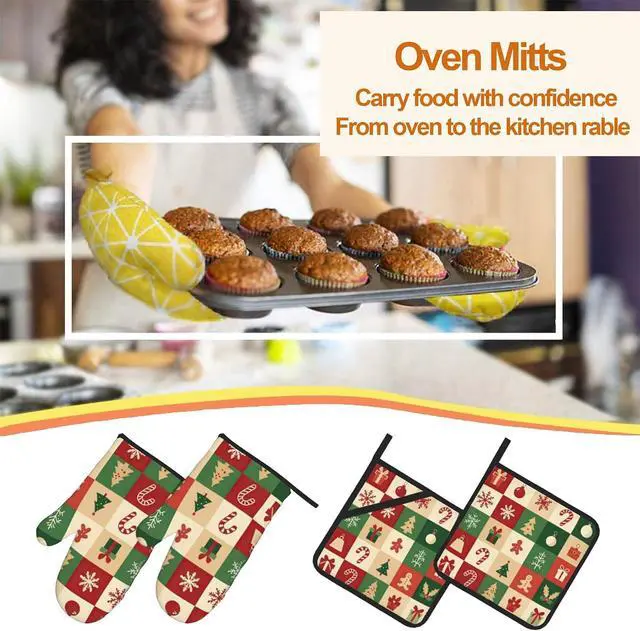 Alt view image 7 of 7 - Christmas Snowflakes Tree Oven Mitts with Matching Potholders - Heat Resistant Kitchen Accessories for Baking, Grilling, Cooking, Gifts for Women