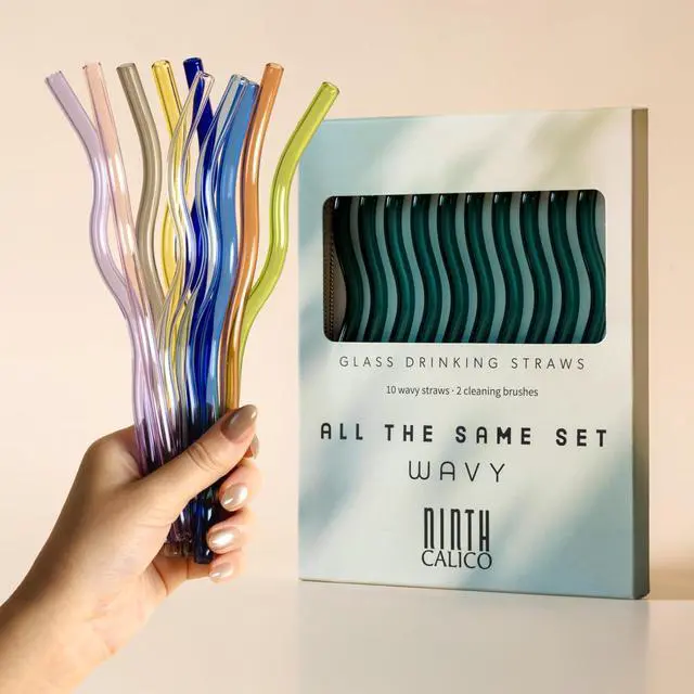 Main image of 10-Pack Reusable Glass Drinking Straws Colorful, Durable, Shatter-Resistant Includes 5 Straight, 5 Bent Straws & 2 Cleaning Brushes For Smoothies, Iced Coffee (Forest Green, Wavy)