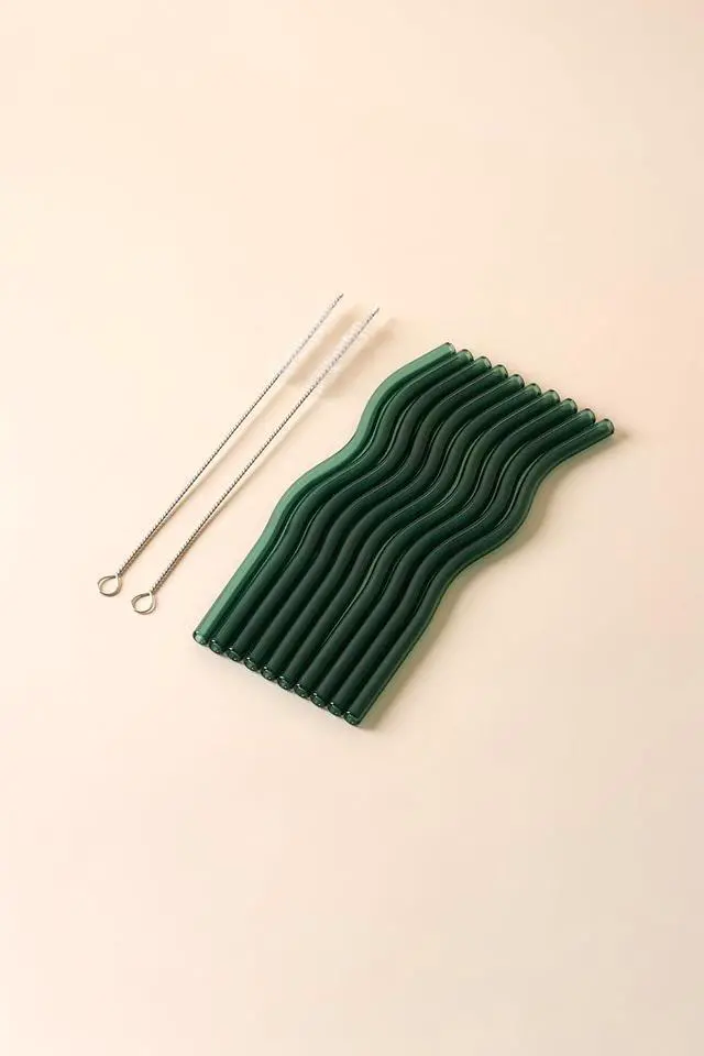 Alt view image 4 of 7 - 10-Pack Reusable Glass Drinking Straws Colorful, Durable, Shatter-Resistant Includes 5 Straight, 5 Bent Straws & 2 Cleaning Brushes For Smoothies, Iced Coffee (Forest Green, Wavy)