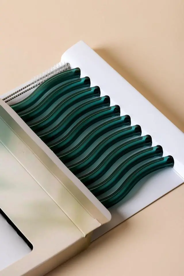 Alt view image 3 of 7 - 10-Pack Reusable Glass Drinking Straws Colorful, Durable, Shatter-Resistant Includes 5 Straight, 5 Bent Straws & 2 Cleaning Brushes For Smoothies, Iced Coffee (Forest Green, Wavy)