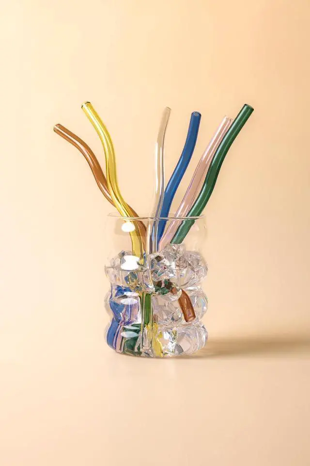 Alt view image 7 of 7 - 10-Pack Reusable Glass Drinking Straws Colorful, Durable, Shatter-Resistant Includes 5 Straight, 5 Bent Straws & 2 Cleaning Brushes For Smoothies, Iced Coffee (Forest Green, Wavy)