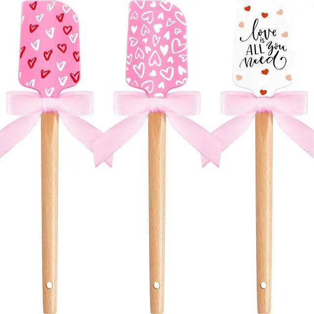 Main image of 3 Pcs Valentine Silicone Spatulas with Wooden Handles Valentine Pattern Heat Resistant Baking Silicone Spatulas with Pink Satin Ribbon Bows for Baking, Cooking and Sauteing