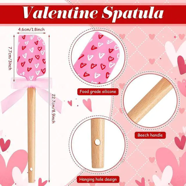 Alt view image 2 of 6 - 3 Pcs Valentine Silicone Spatulas with Wooden Handles Valentine Pattern Heat Resistant Baking Silicone Spatulas with Pink Satin Ribbon Bows for Baking, Cooking and Sauteing