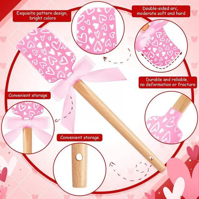 Alt view image 3 of 6 - 3 Pcs Valentine Silicone Spatulas with Wooden Handles Valentine Pattern Heat Resistant Baking Silicone Spatulas with Pink Satin Ribbon Bows for Baking, Cooking and Sauteing