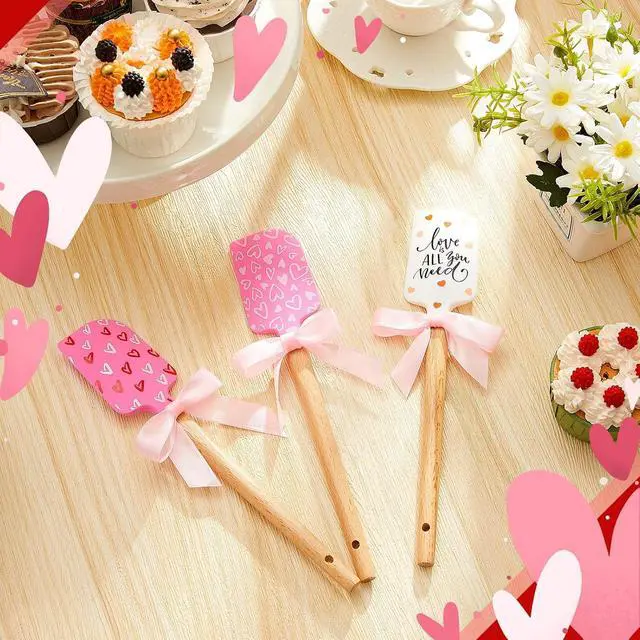 Alt view image 4 of 6 - 3 Pcs Valentine Silicone Spatulas with Wooden Handles Valentine Pattern Heat Resistant Baking Silicone Spatulas with Pink Satin Ribbon Bows for Baking, Cooking and Sauteing