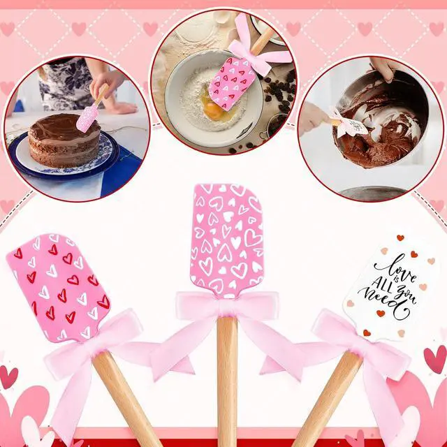 Alt view image 5 of 6 - 3 Pcs Valentine Silicone Spatulas with Wooden Handles Valentine Pattern Heat Resistant Baking Silicone Spatulas with Pink Satin Ribbon Bows for Baking, Cooking and Sauteing