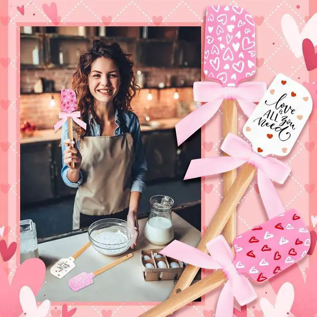 Alt view image 6 of 6 - 3 Pcs Valentine Silicone Spatulas with Wooden Handles Valentine Pattern Heat Resistant Baking Silicone Spatulas with Pink Satin Ribbon Bows for Baking, Cooking and Sauteing