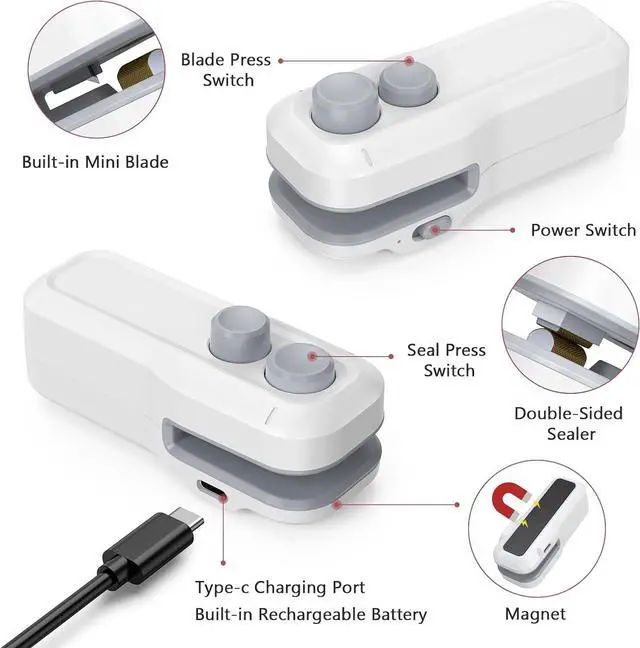 Alt view image 7 of 7 - Mini Bag Sealer, 2 in 1 Type-C Rechargeable Heat Sealer, Sealing & Cutting, Portable Bag Resealer for Plastic Bags Snack Bags