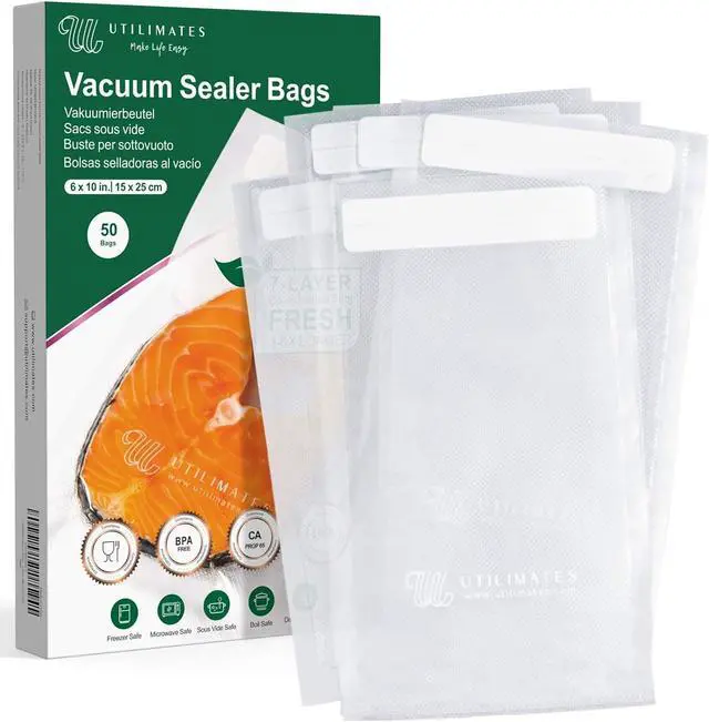 Main image of Pint Vacuum Sealer Bags for Food, 50 6x10 Inch, Preprinted Label, BPA-free Heavy Duty Small Food Saver Bags, Ideal for Sous Vide Bags, Freezer, Seal a Meal