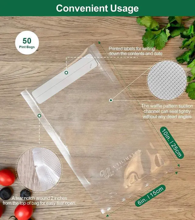 Alt view image 3 of 7 - Pint Vacuum Sealer Bags for Food, 50 6x10 Inch, Preprinted Label, BPA-free Heavy Duty Small Food Saver Bags, Ideal for Sous Vide Bags, Freezer, Seal a Meal
