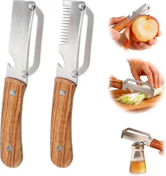 Main image of Multifunctional Vegetable Peeler, 3 in 1 Julienne Peeler with Wooden Handle, Vegetable Shredder with Bottle Opener for Peeling Veggie Fruit Pineapple Pumpkin Carrot(2 Pack)
