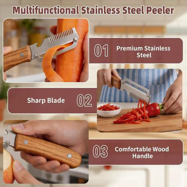 Alt view image 3 of 7 - Multifunctional Vegetable Peeler, 3 in 1 Julienne Peeler with Wooden Handle, Vegetable Shredder with Bottle Opener for Peeling Veggie Fruit Pineapple Pumpkin Carrot(2 Pack)