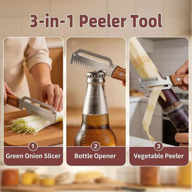 Alt view image 4 of 7 - Multifunctional Vegetable Peeler, 3 in 1 Julienne Peeler with Wooden Handle, Vegetable Shredder with Bottle Opener for Peeling Veggie Fruit Pineapple Pumpkin Carrot(2 Pack)