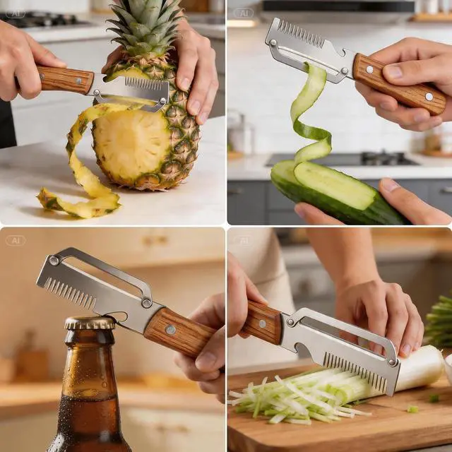 Alt view image 5 of 7 - Multifunctional Vegetable Peeler, 3 in 1 Julienne Peeler with Wooden Handle, Vegetable Shredder with Bottle Opener for Peeling Veggie Fruit Pineapple Pumpkin Carrot(2 Pack)