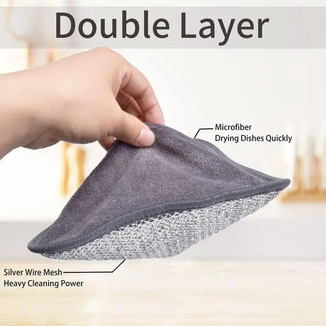 Alt view image 4 of 7 - 2-Layer Wire Dish Cloths for Washing Dishes Dish Washing Rags for Kitchen | 8"X8" one side wire dishcloth for stratch another side soft dish rags for wipe and cleaning
