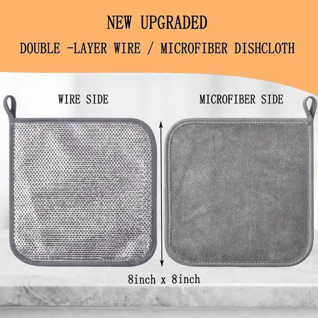 Alt view image 3 of 7 - 2-Layer Wire Dish Cloths for Washing Dishes Dish Washing Rags for Kitchen | 8"X8" one side wire dishcloth for stratch another side soft dish rags for wipe and cleaning